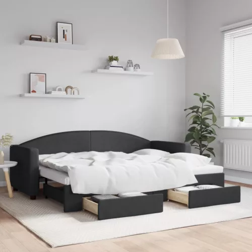  fekete kihúzható szövet heverő fiókokkal 80 x 200 cm