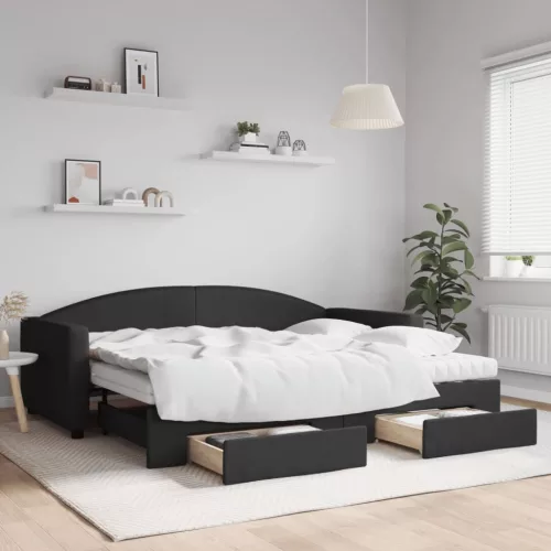  fekete kihúzható szövet heverő fiókokkal 90 x 200 cm