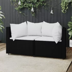  2 db fekete polyrattan kerti sarokkanapé párnákkal