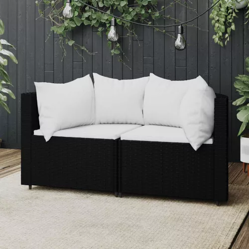  2 db fekete polyrattan kerti sarokkanapé párnákkal