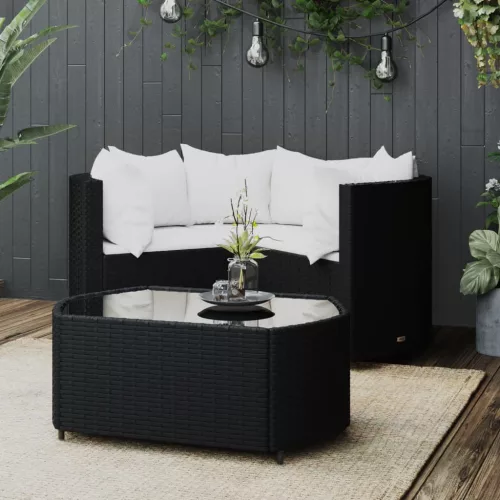  4 részes fekete polyrattan kerti ülőgarnitúra párnákkal