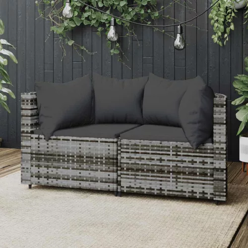  2 db szürke polyrattan kerti sarokkanapé párnával