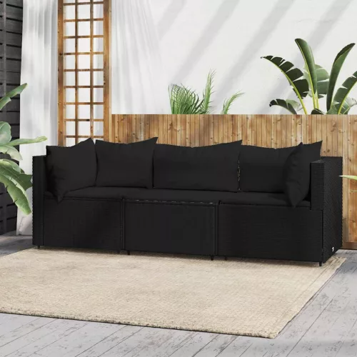  3 részes fekete polyrattan kerti ülőgarnitúra párnákkal