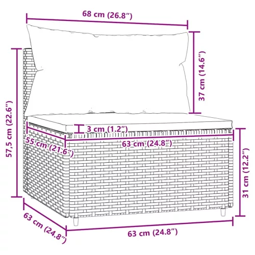  fekete polyrattan kerti középső kanapé párnákkal