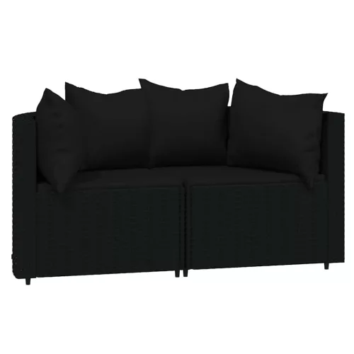  2 db fekete polyrattan kerti sarokkanapé párnákkal