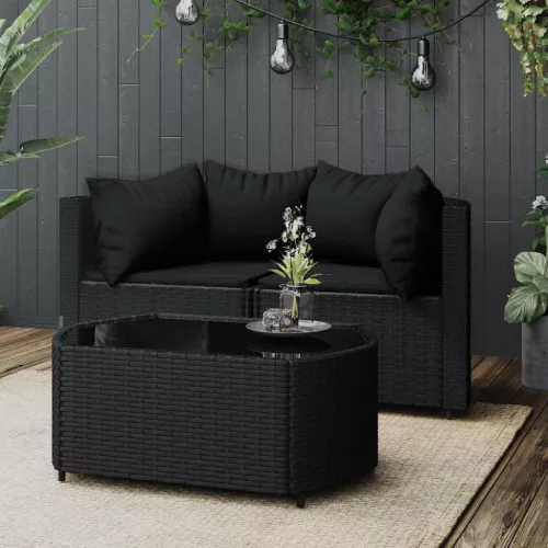  3 részes fekete polyrattan kerti ülőgarnitúra párnákkal