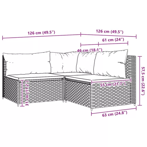  3 részes fekete polyrattan kerti ülőgarnitúra párnákkal