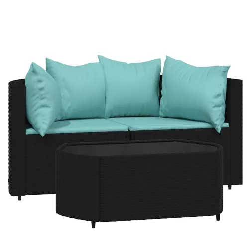  3 részes fekete polyrattan kerti ülőgarnitúra párnákkal