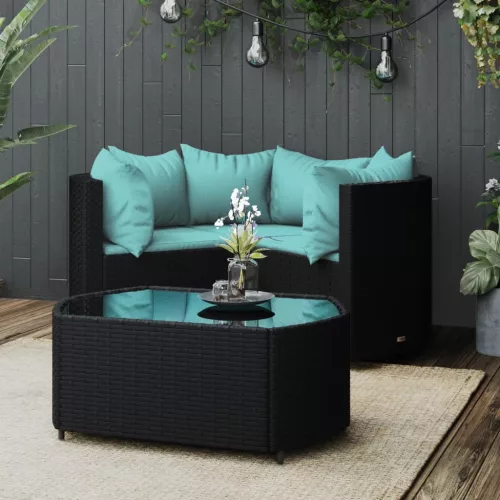  4 részes fekete polyrattan kerti ülőgarnitúra párnákkal