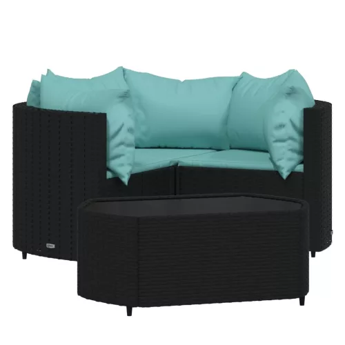  4 részes fekete polyrattan kerti ülőgarnitúra párnákkal