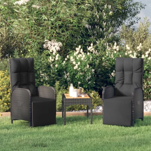  2 db fekete polyrattan dönthető kültéri szék párnával