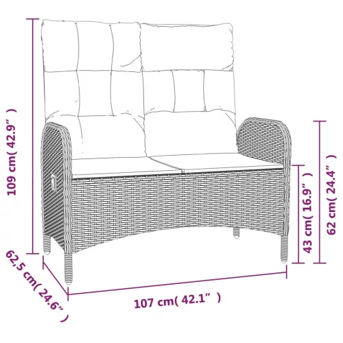 szürke polyrattan dönthető kerti pad párnákkal 107 cm
