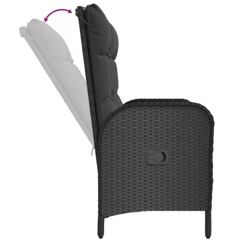  fekete polyrattan dönthető kerti pad párnákkal 107 cm