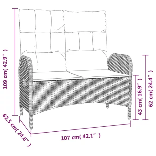  fekete polyrattan dönthető kerti pad párnákkal 107 cm