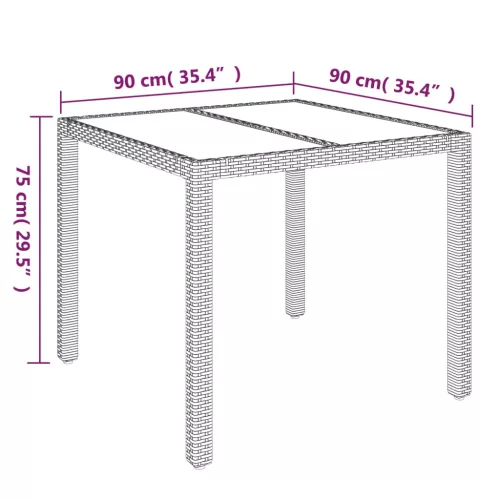  fekete polyrattan üveglapos kerti asztal 90 x 90 x 75 cm