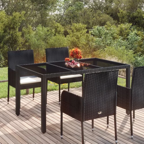  fekete polyrattan üveglapos kerti asztal 150 x 90 x 75 cm