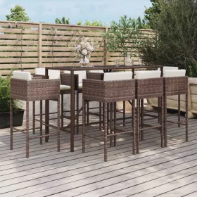  9 részes barna polyrattan kerti bárszett párnákkal