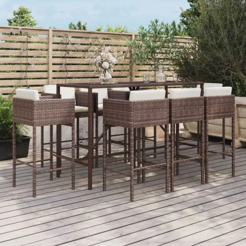  9 részes barna polyrattan kerti bárszett párnákkal
