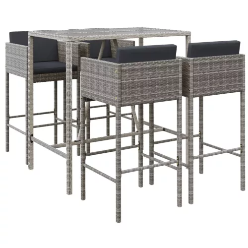  5 részes szürke polyrattan kerti bárszett párnákkal