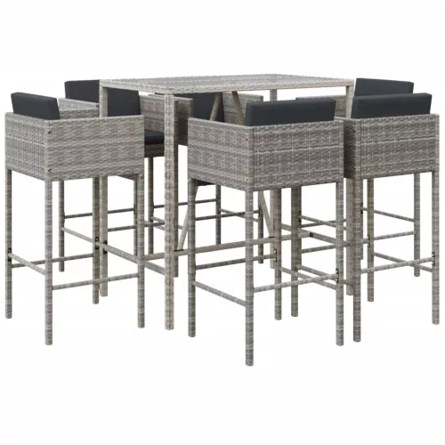  7 részes szürke polyrattan kerti bárszett párnákkal