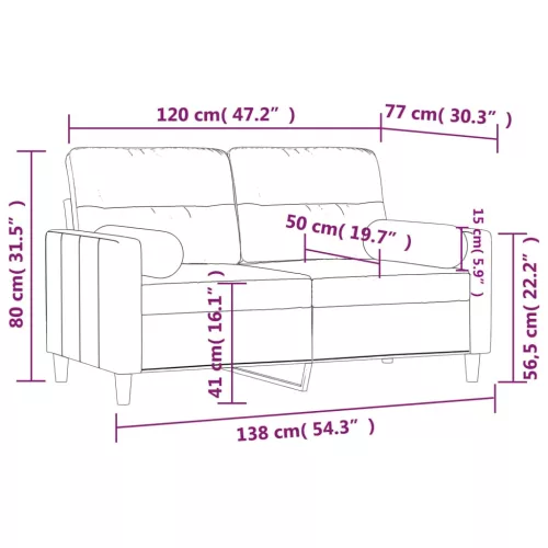  2 személyes barna szövet kanapé díszpárnákkal 120 cm