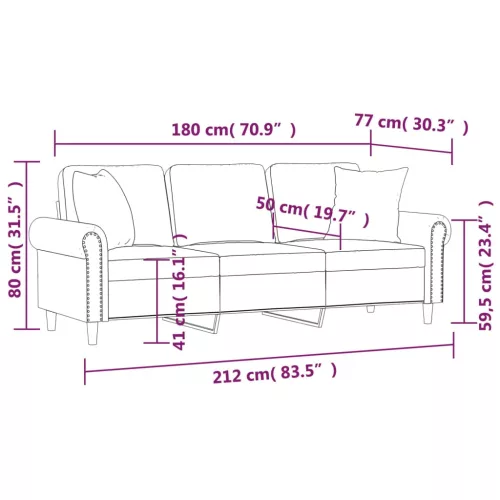  3 személyes krémszínű bársony kanapé díszpárnákkal 180 cm
