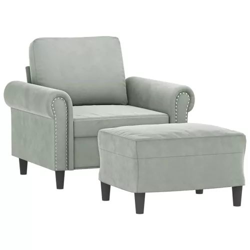  világosszürke bársony kanapéfotel lábtartóval 60 cm