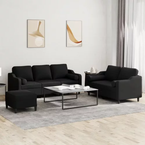 3 részes fekete szövet ülőgarnitúra párnákkal