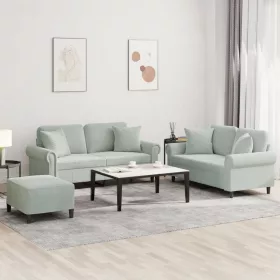    3 részes világosszürke bársony ülőgarnitúra párnákkal