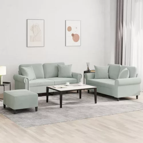  3 részes világosszürke bársony ülőgarnitúra párnákkal