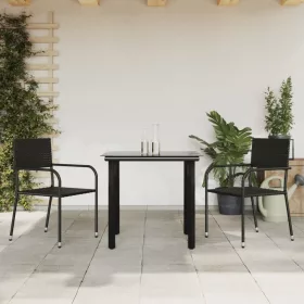    3 részes fekete polyrattan és acél kerti étkezőgarnitúra