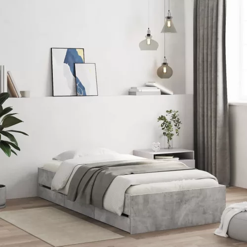  betonszürke szerelt fa ágykeret fiókokkal 90 x 190 cm