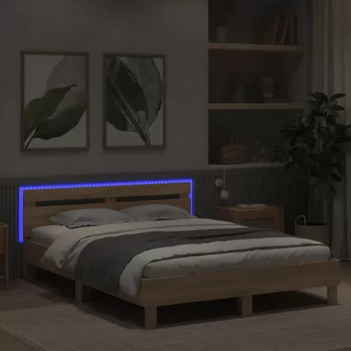  sonoma tölgy színű ágykeret fejtámlával és LED-del 140x190 cm