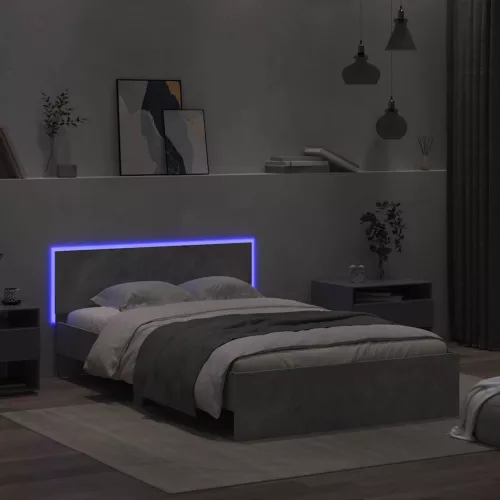  betonszürke ágykeret fejtámlával és LED-del 140x190 cm