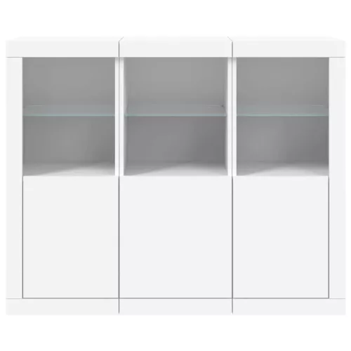  3 db fehér szerelt fa tálalószekrény LED-ekkel