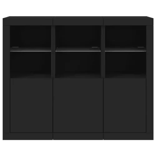  3 db fekete szerelt fa tálalószekrény LED-ekkel