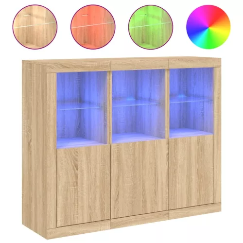  3 db sonoma tölgy színű szerelt fa tálalószekrény LED-ekkel