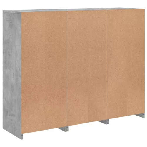  3 db betonszürke szerelt fa tálalószekrény LED-ekkel