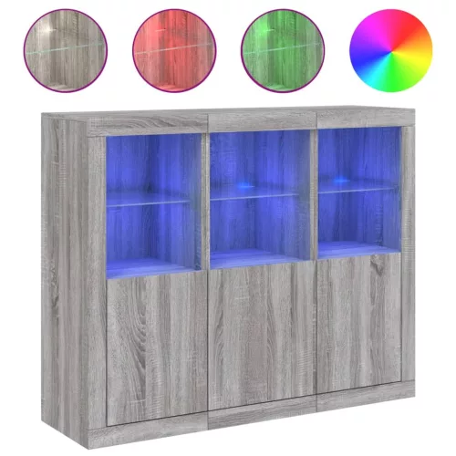  3 db szürke sonoma színű szerelt fa tálalószekrény LED-ekkel