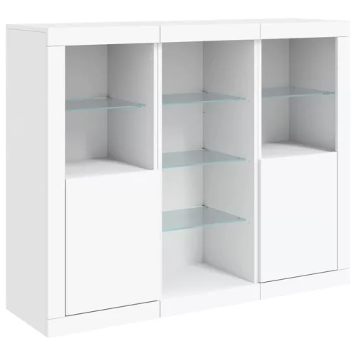  3 db fehér szerelt fa tálalószekrény LED-ekkel