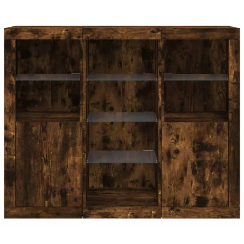  3 db füstös tölgy színű szerelt fa tálalószekrény LED-ekkel