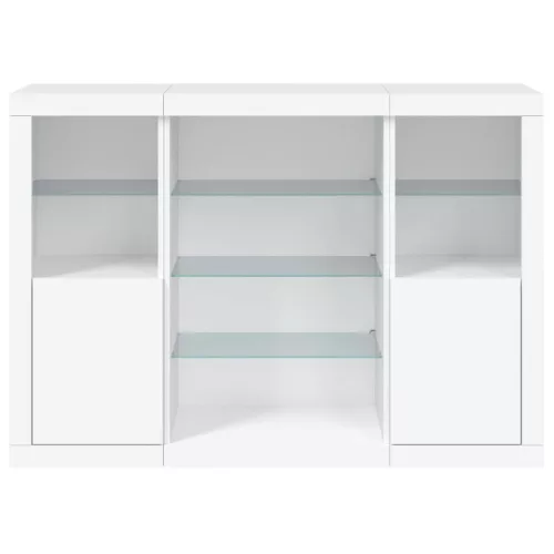  3 db fehér szerelt fa tálalószekrény LED-ekkel