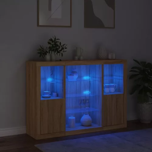  3 db sonoma tölgy színű szerelt fa tálalószekrény LED-ekkel