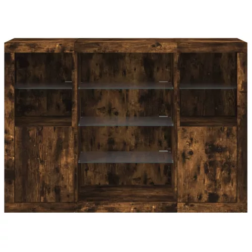  3 db füstös tölgy színű szerelt fa tálalószekrény LED-ekkel