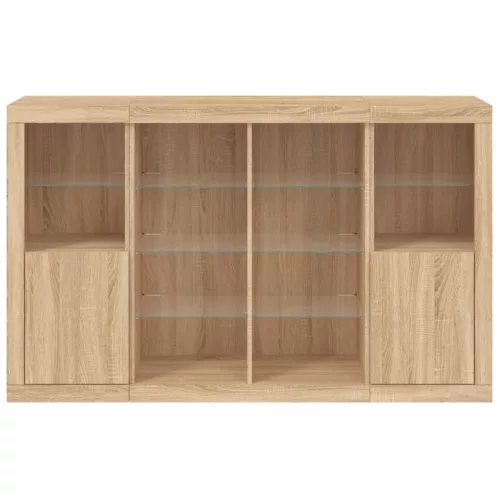  3 db sonoma tölgy színű szerelt fa tálalószekrény LED-ekkel