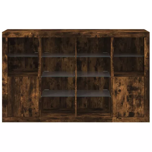  3 db füstös tölgy színű szerelt fa tálalószekrény LED-ekkel