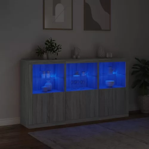  szürke sonoma színű tálalószekrény LED-ekkel 181,5x37x100 cm
