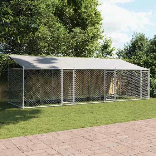  szürke horganyzott acél kutyaketrec tetővel és ajtókkal 6x2x2 m