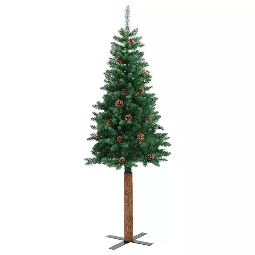  zöld PVC vékony karácsonyfa valódi fával és tobozzal 180 cm