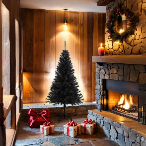  fekete PVC műkarácsonyfa állvánnyal 150 cm